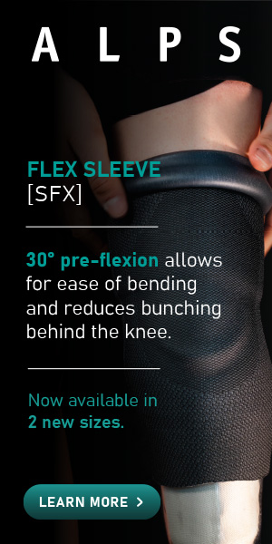 Advertisement - ALPS Easyliner Flex Sleeve 30 degrees of pre-flexion allows for ease of bending and reduces bunching behind the knee.